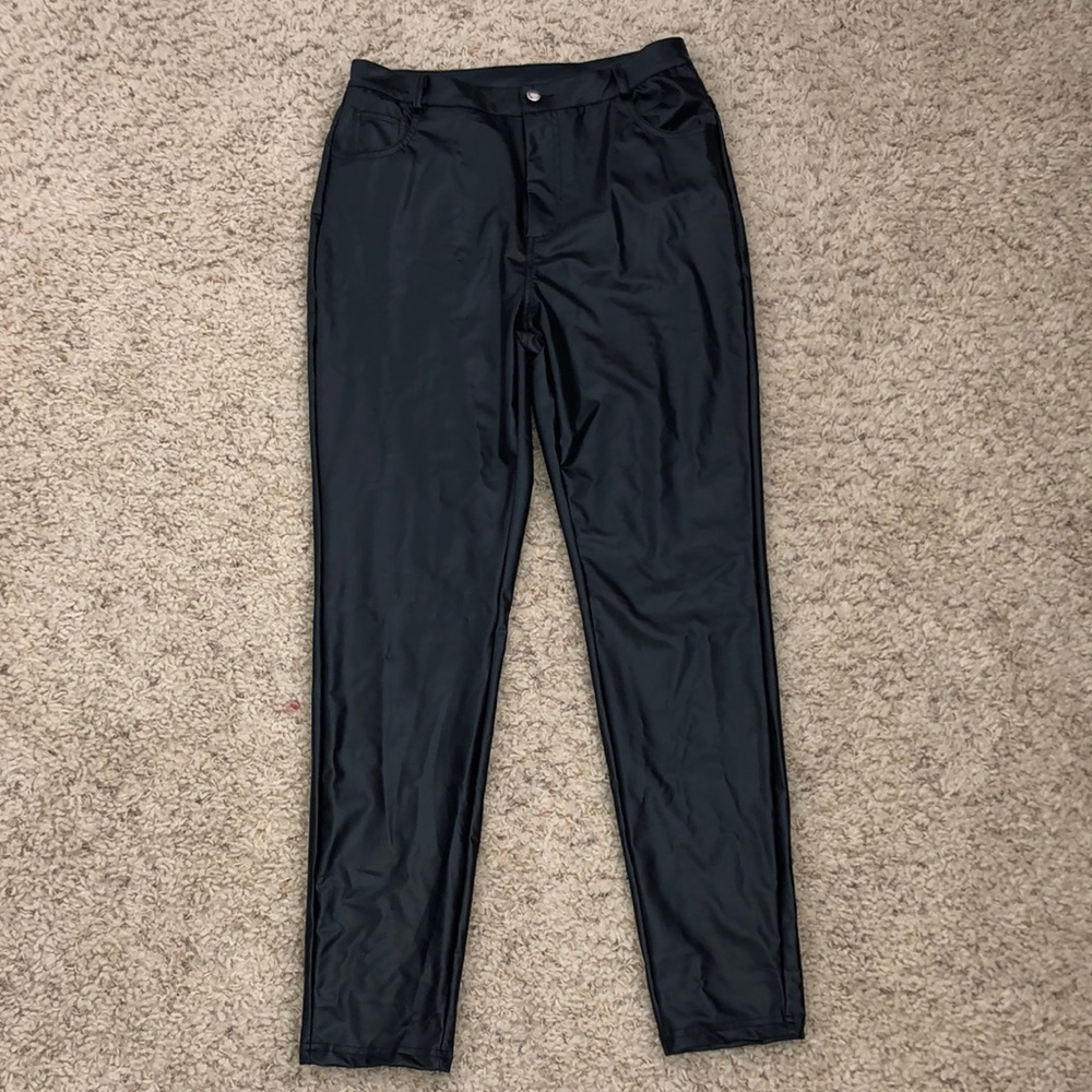 SHEIN zipper fly patch pocket PU pants